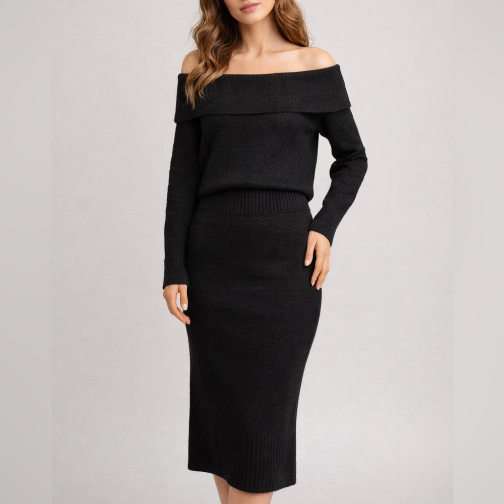 🆕 House of Harlow1960 2-Piece Black Knit Set Off-Shoulder Sweater Midi Skirt NWT
